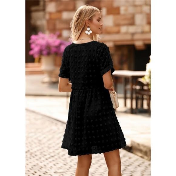 Casual V Neck Short Sleeve Swiss Dot Ruffle Loose Flowy Mini Babydoll Dress - Picture 5 of 7